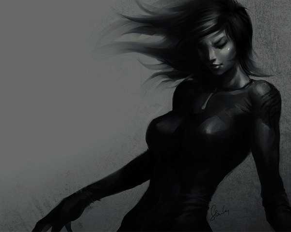 Anime picture 1280x1024 with original artgerm (stanley lau) single long hair simple background eyes closed realistic monochrome girl bodysuit