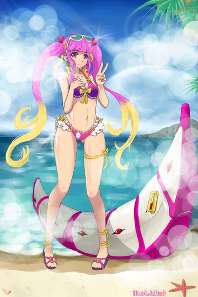 Anime picture 2000x3000 with monster strike trombe single tall image looking at viewer fringe highres light erotic blonde hair smile standing pink hair very long hair pink eyes multicolored hair mole two-tone hair mole under eye ass visible through thighs girl