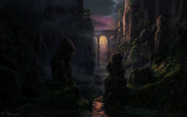 Anime picture 1680x1050 with original fel-x (artist) wide image sky wallpaper mountain landscape river nature rock plant (plants) animal tree (trees) bird (birds) grass stone (stones) castle bridge