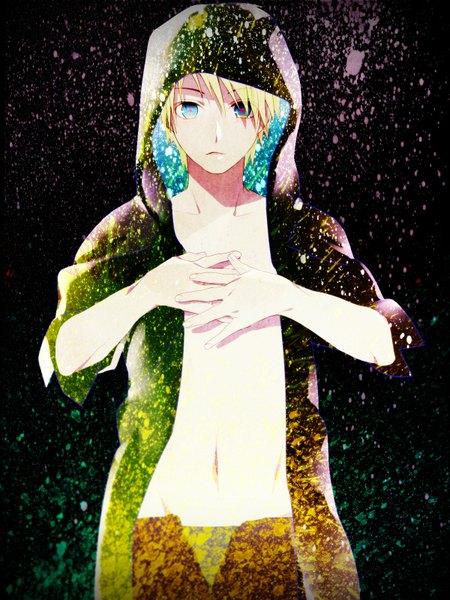 Anime picture 1200x1600 with uta no prince-sama a-1 pictures kurusu shou single tall image short hair blue eyes simple background blonde hair open clothes open jacket black background open pants boy jacket hood pants