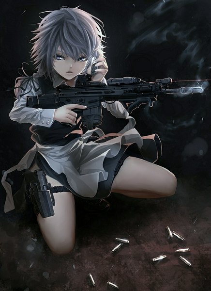 Anime picture 692x951 with touhou izayoi sakuya koh (minagi kou) single tall image looking at viewer fringe short hair open mouth standing holding bent knee (knees) braid (braids) grey hair grey eyes twin braids kneeling girl ribbon (ribbons) weapon