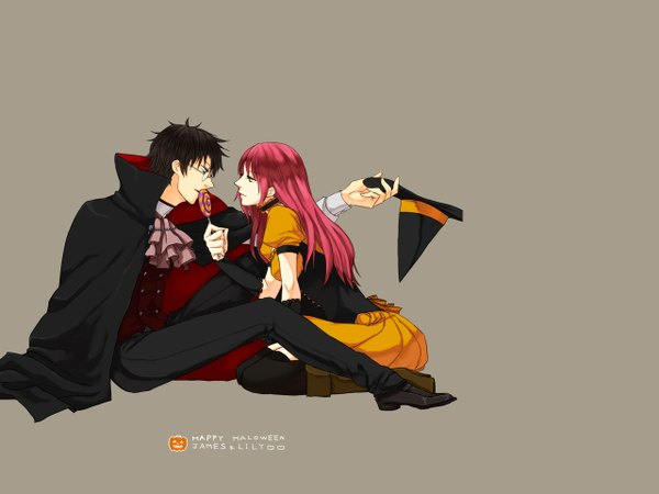 Anime picture 1280x960 with harry potter lily evans james potter long hair short hair simple background brown hair sitting green eyes red hair couple face to face girl thighhighs boy black thighhighs glasses food boots sweets
