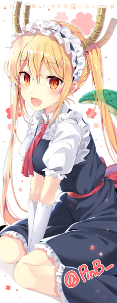 Anime picture 387x1000 with kobayashi-san chi no maidragon kyoto animation tooru (maidragon) pinb single long hair tall image looking at viewer blush fringe open mouth blonde hair hair between eyes white background sitting twintails signed ahoge tail :d