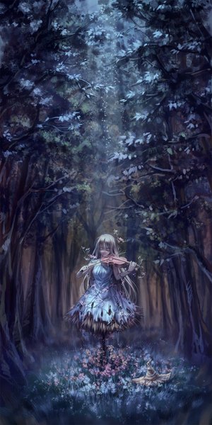 Anime picture 1024x2048 with original windyakuma single long hair tall image blonde hair smile eyes closed hair flower night light nature girl dress hair ornament plant (plants) tree (trees) witch hat forest violin