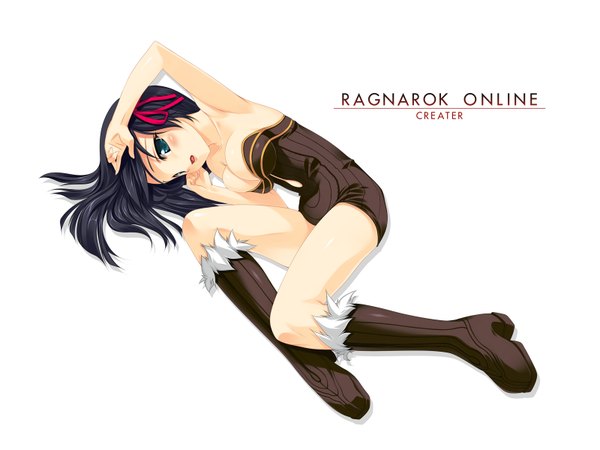 Anime picture 1600x1200 with ragnarok online happy core alchemist (ragnarok online) kinoshita ichi single long hair blush breasts open mouth light erotic black hair simple background white background lying aqua eyes armpit (armpits) wallpaper copyright name girl ribbon (ribbons)