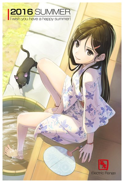 Anime picture 1000x1480 with original fukukitaru single long hair tall image looking at viewer smile brown hair sitting brown eyes full body bent knee (knees) traditional clothes japanese clothes barefoot from above framed summer soaking feet 2016