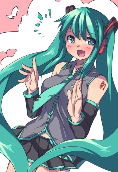 Anime picture 1000x1453 with vocaloid hatsune miku saiste single tall image blush open mouth blue eyes smile twintails blue hair very long hair tattoo girl skirt detached sleeves miniskirt