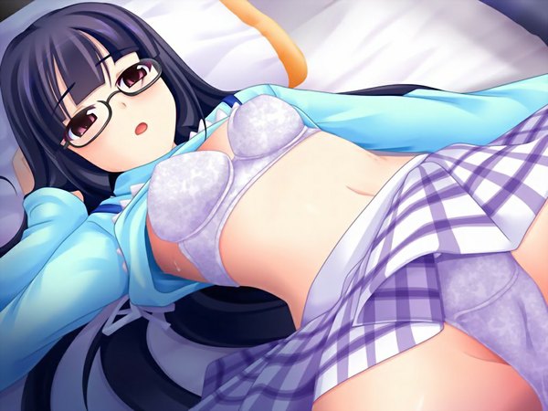Anime picture 1024x768 with cool na ano ko no h na mousou (game) long hair light erotic black hair red eyes game cg girl underwear panties glasses