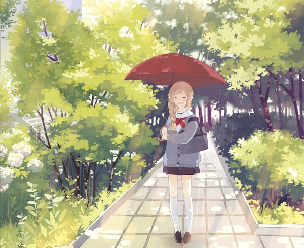 Anime picture 1500x1224 with original kyang692 single long hair blush open mouth blonde hair smile braid (braids) eyes closed tears single braid rain girl plant (plants) tree (trees) socks serafuku umbrella white socks