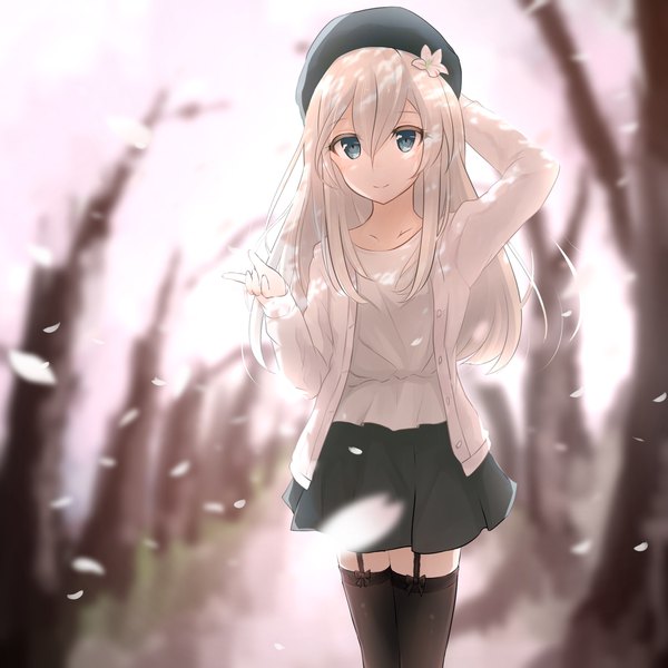 Anime picture 2000x2000 with kantai collection u-511 submarine mitsukii single long hair looking at viewer fringe highres blue eyes blonde hair hair between eyes hair flower light smile blurry cherry blossoms arm behind head outstretched hand girl thighhighs skirt
