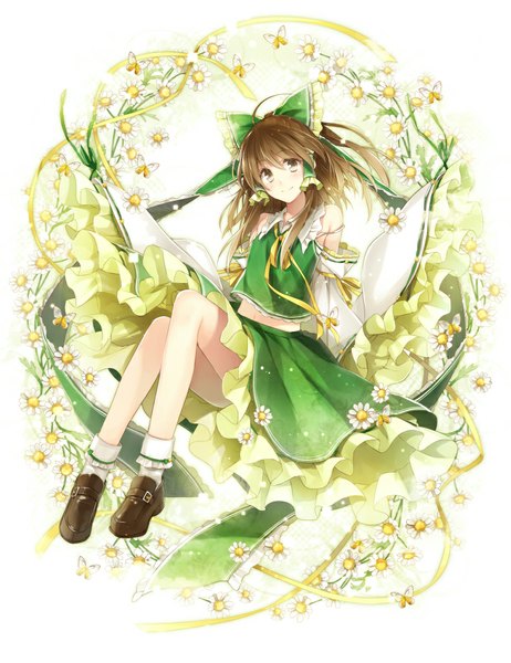 Anime picture 770x1000 with touhou hakurei reimu hagiwara rin single long hair tall image looking at viewer brown hair sitting brown eyes ahoge traditional clothes light smile miko alternate color girl skirt flower (flowers) bow ribbon (ribbons)