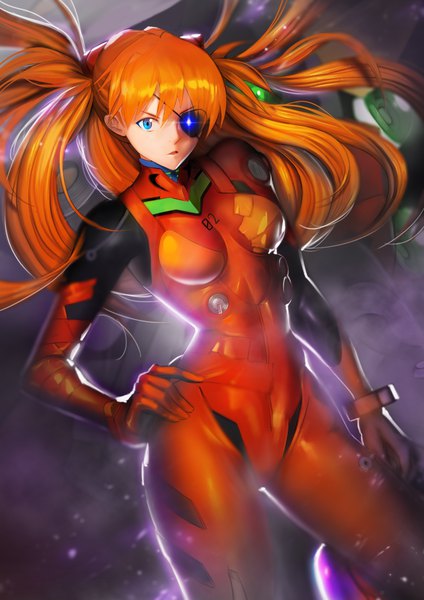 Anime picture 2480x3508 with neon genesis evangelion rebuild of evangelion evangelion: 3.0 you can (not) redo gainax soryu asuka langley shikinami asuka langley silvester single long hair tall image highres blue eyes orange hair hand on hip floating hair covered navel revision backlighting girl bodysuit