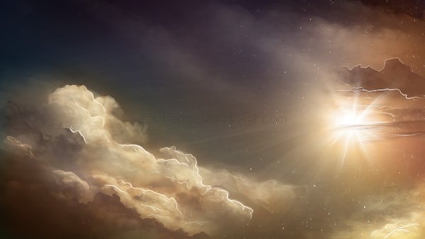 Anime picture 1267x713 with sei-ten wide image sky cloud (clouds) sunlight wallpaper landscape star (stars) sun