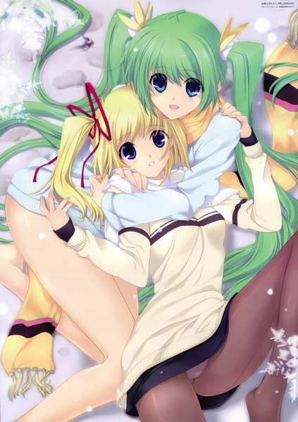 Anime picture 3002x4258 with melonbooks melon-chan lemon-chan iizuki tasuku long hair tall image highres blue eyes light erotic blonde hair twintails multiple girls absurdres green hair pantyshot legs girl ribbon (ribbons) 2 girls hair ribbon