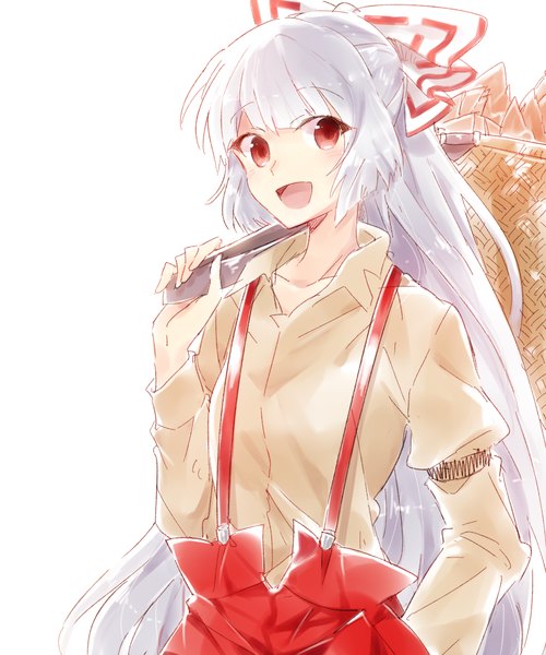 Anime picture 1000x1200 with touhou fujiwara no mokou six (fnrptal1010) single long hair tall image fringe open mouth simple background red eyes white background looking away silver hair ponytail :d hand in pocket girl bow hair bow shirt
