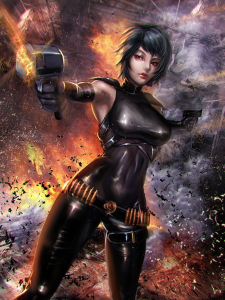 Anime picture 1536x2048 with original sangrde single tall image fringe short hair black hair red eyes holding looking away lips armpit (armpits) glowing dual wielding glowing weapon girl gloves navel weapon black gloves