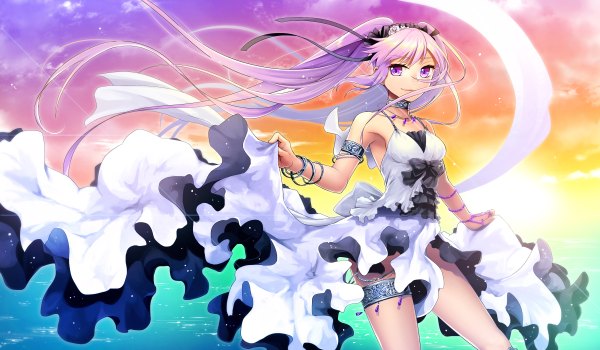 Anime picture 1200x700 with fate (series) fate/grand order euryale (fate) cocorosso single long hair looking at viewer wide image purple eyes twintails sky purple hair cloud (clouds) light smile evening sunset girl dress ribbon (ribbons) hair ribbon