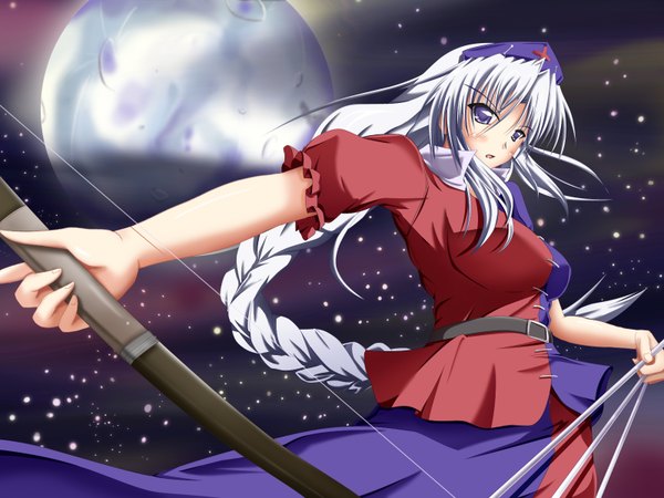 Anime picture 1600x1200 with touhou yagokoro eirin campbell (pixiv) single long hair highres purple eyes silver hair braid (braids) girl hat moon bow (weapon)