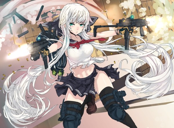 Anime picture 992x728 with original panzer single fringe blue eyes light erotic sitting bare shoulders bent knee (knees) white hair very long hair parted lips pleated skirt bare belly squat shot casing ejection girl thighhighs skirt