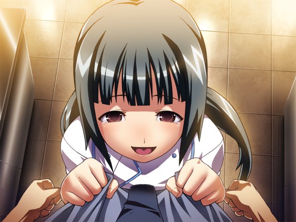 Anime picture 1024x768 with hotel (game) long hair open mouth black hair brown eyes game cg tears girl