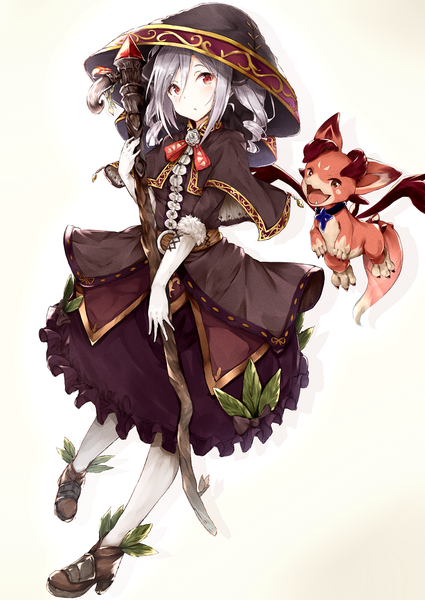 Anime picture 700x988 with idolmaster idolmaster cinderella girls granblue fantasy kanzaki ranko bii (granblue fantasy) hiiragi yashiro long hair tall image looking at viewer blush open mouth simple background red eyes twintails holding brown eyes silver hair tail parted lips teeth