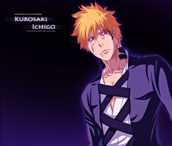 Anime picture 1024x867 with bleach studio pierrot kurosaki ichigo silvercore94 single short hair simple background japanese clothes pink eyes orange hair inscription coloring purple background boy kimono blood