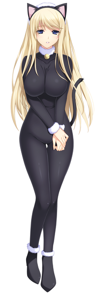 Anime picture 1008x3064 with lovely x cation 2 hibiki works yoshinoya seine iizuki tasuku single long hair tall image looking at viewer blush fringe breasts light erotic simple background blonde hair large breasts standing white background animal ears tail parted lips