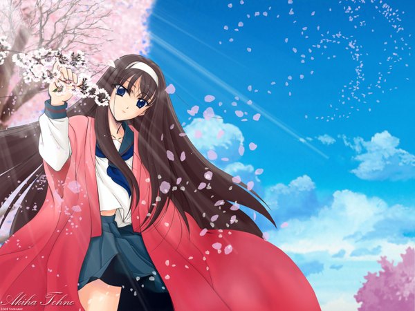 Anime picture 1600x1200 with shingetsutan tsukihime type-moon toono akiha toonleap single looking at viewer fringe blue eyes brown hair holding signed payot sky cloud (clouds) outdoors head tilt arm up wind character names cherry blossoms