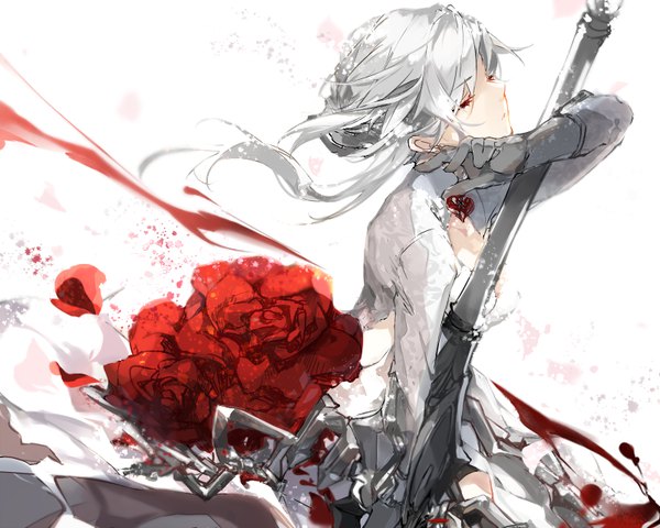 Anime picture 800x640 with sinoalice snow white (sinoalice) fukuda935 single long hair breasts white background silver hair eyes closed wind girl dress flower (flowers) petals white dress rose (roses) blood red rose