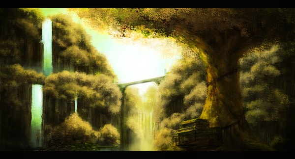 Anime picture 1871x1011 with original wad highres wide image no people landscape waterfall plant (plants) tree (trees) water bridge