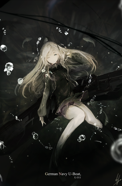 Anime picture 1798x2729 with kantai collection u-511 submarine marumoru single long hair tall image looking at viewer fringe highres blue eyes blonde hair signed bent knee (knees) long sleeves one eye closed from above bare legs character names underwater expressionless