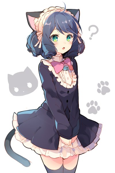 Anime picture 540x809 with show by rock!! studio bones cyan (show by rock!!) mayachi (amuriya) single tall image blush fringe short hair open mouth simple background white background green eyes animal ears blue hair ahoge tail long sleeves animal tail cat ears