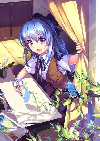 Anime picture 800x1131 with original bison cangshu long hair tall image blush open mouth smile purple eyes blue hair sunlight shadow sunbeam drawing girl bow plant (plants) hair bow animal tree (trees) bird (birds)