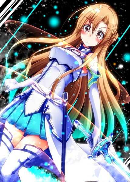 Anime picture 714x1000 with sword art online a-1 pictures yuuki asuna natsu (anta tte hitoha) single long hair tall image looking at viewer blush brown hair brown eyes pleated skirt surprised girl thighhighs skirt gloves weapon white thighhighs sword