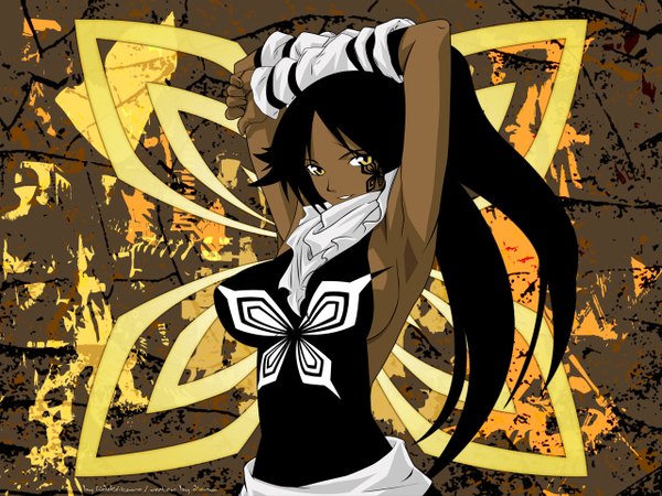 Anime picture 1280x960 with bleach studio pierrot shihouin yoruichi breasts light erotic black hair large breasts yellow eyes ponytail arms up armpit (armpits) wallpaper dark skin