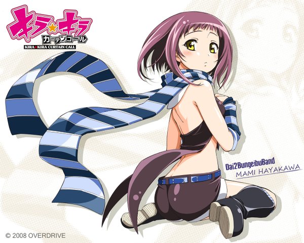 Anime picture 1280x1024 with kira kira curtain call hayakawa mami shinji katakura (artist) single blush short hair sitting bare shoulders yellow eyes purple hair looking back girl shorts boots scarf