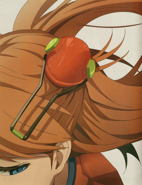 Anime picture 3069x4000 with neon genesis evangelion gainax soryu asuka langley mebae long hair tall image fringe highres blue eyes looking away absurdres from above wind scan orange hair grey background close-up face headdress bodysuit