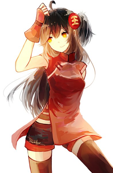 Anime picture 657x1000 with original prophet chu single long hair tall image simple background smile brown hair white background yellow eyes looking away ahoge chinese clothes hands behind back girl thighhighs dress hair ornament black thighhighs shorts