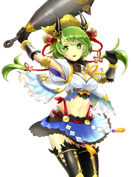 Anime picture 600x800 with original nariri single long hair tall image blush fringe open mouth simple background white background green eyes cleavage horn (horns) green hair bare belly girl skirt gloves navel weapon