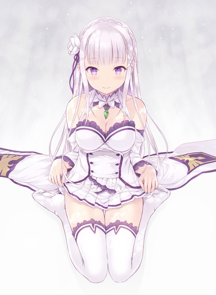 Anime picture 2596x3541 with re:zero kara hajimeru isekai seikatsu white fox emilia (re:zero) cait single long hair tall image looking at viewer blush fringe highres breasts light erotic simple background smile large breasts sitting purple eyes bare shoulders cleavage