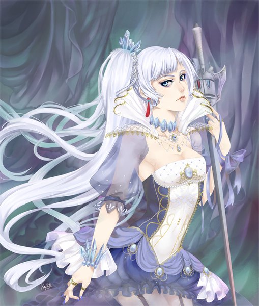 Anime picture 1103x1300 with rwby rooster teeth weiss schnee kairi-hearts single long hair tall image looking at viewer fringe breasts blue eyes blonde hair signed nail polish alternate costume puffy sleeves side ponytail arched back girl dress