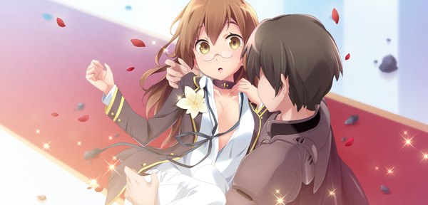 Anime picture 2250x1080 with brava! long hair highres open mouth black hair brown hair wide image brown eyes game cg couple girl dress boy petals glasses
