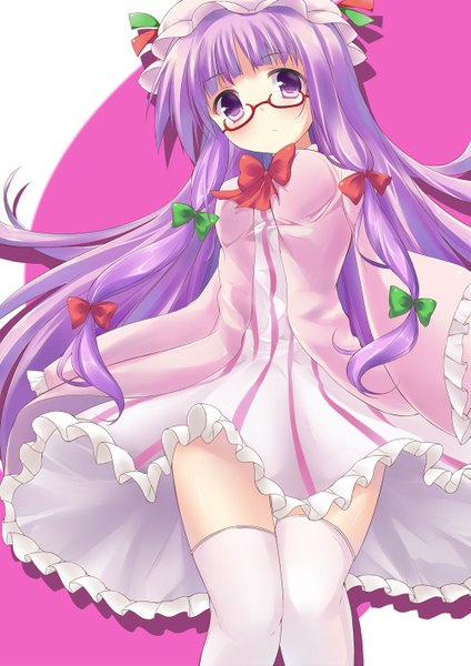 Anime picture 1000x1414 with touhou patchouli knowledge ut pictura poesis single long hair tall image blush purple eyes purple hair girl thighhighs dress bow hair bow white thighhighs glasses bonnet