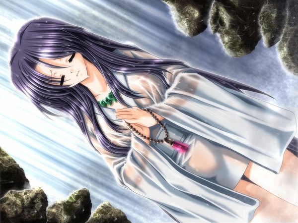 Anime picture 1024x768 with kegaretaeiyu (game) light erotic black hair game cg eyes closed wet girl