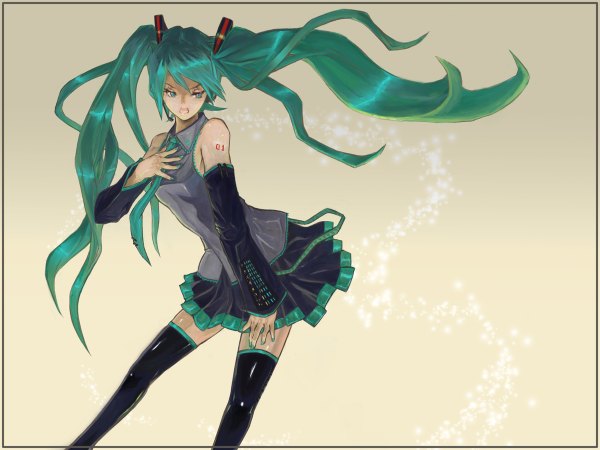 Anime picture 1200x900 with vocaloid hatsune miku gond single long hair open mouth simple background twintails looking away nail polish aqua eyes aqua hair zettai ryouiki hand on chest girl thighhighs black thighhighs detached sleeves necktie