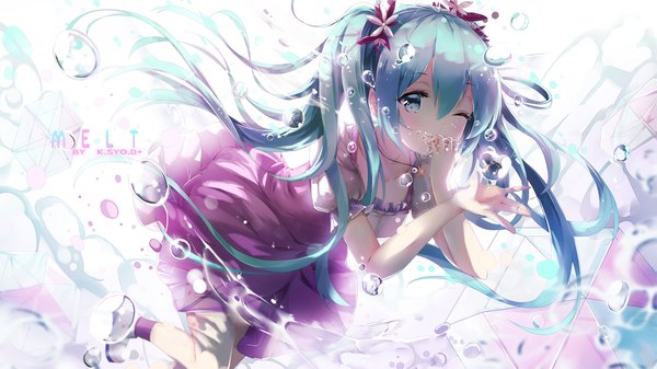Anime picture 2039x1147 with vocaloid hatsune miku asahi kuroi single looking at viewer highres wide image twintails one eye closed hair flower wink inscription underwater girl dress flower (flowers) water shoes bubble (bubbles) purple dress