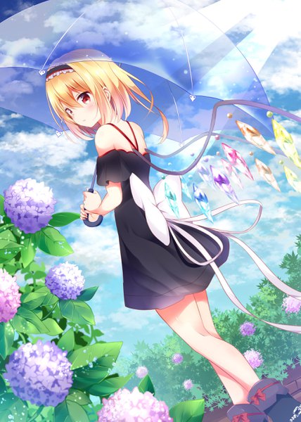 Anime picture 1730x2422 with touhou flandre scarlet hyurasan single tall image blush fringe highres short hair blonde hair hair between eyes red eyes bare shoulders looking away sky cloud (clouds) outdoors looking back from behind sunlight