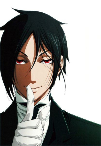 Anime picture 1740x2502 with kuroshitsuji a-1 pictures sebastian michaelis single tall image highres short hair black hair simple background smile red eyes white background official art portrait boy gloves suit
