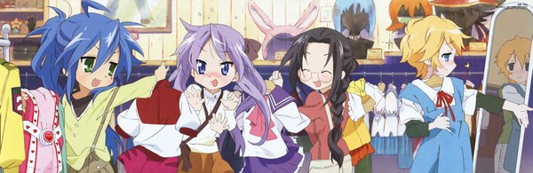 Anime picture 7453x2432 with lucky star kyoto animation izumi konata hiiragi kagami tamura hiyori patricia martin highres wide image cosplay girl