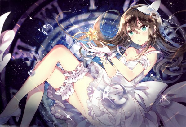 Anime picture 3747x2569 with idolmaster idolmaster cinderella girls shibuya rin domotolain single long hair blush fringe highres brown hair bare shoulders green eyes absurdres cleavage bent knee (knees) parted lips wind night sparkle night sky